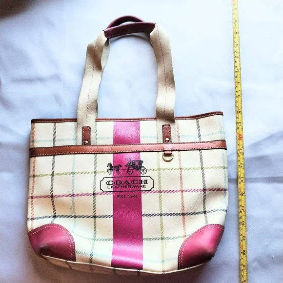 Coach Heritage Fuchsia Stripe Multi Plaid Tattersall Tote. - Picture 4 of 14